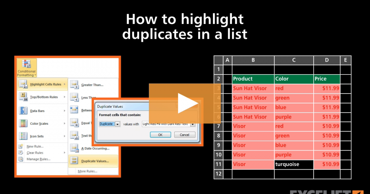 How To Highlight Duplicates In A List Video Exceljet 3280