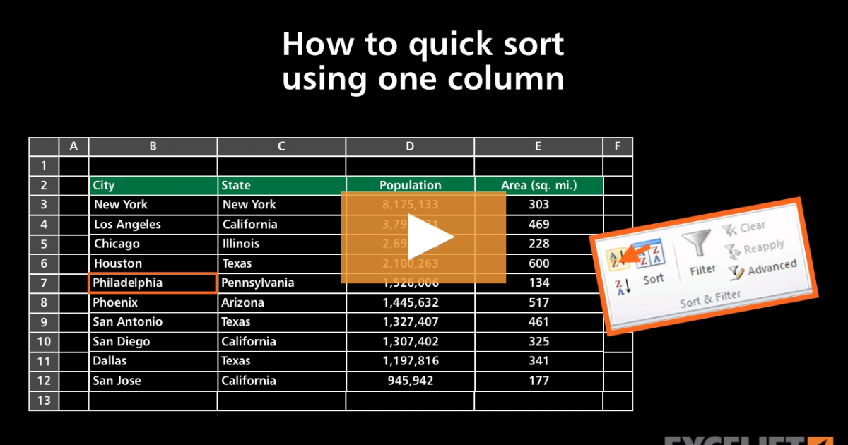 How to quick sort using one column in Excel (video) Exceljet