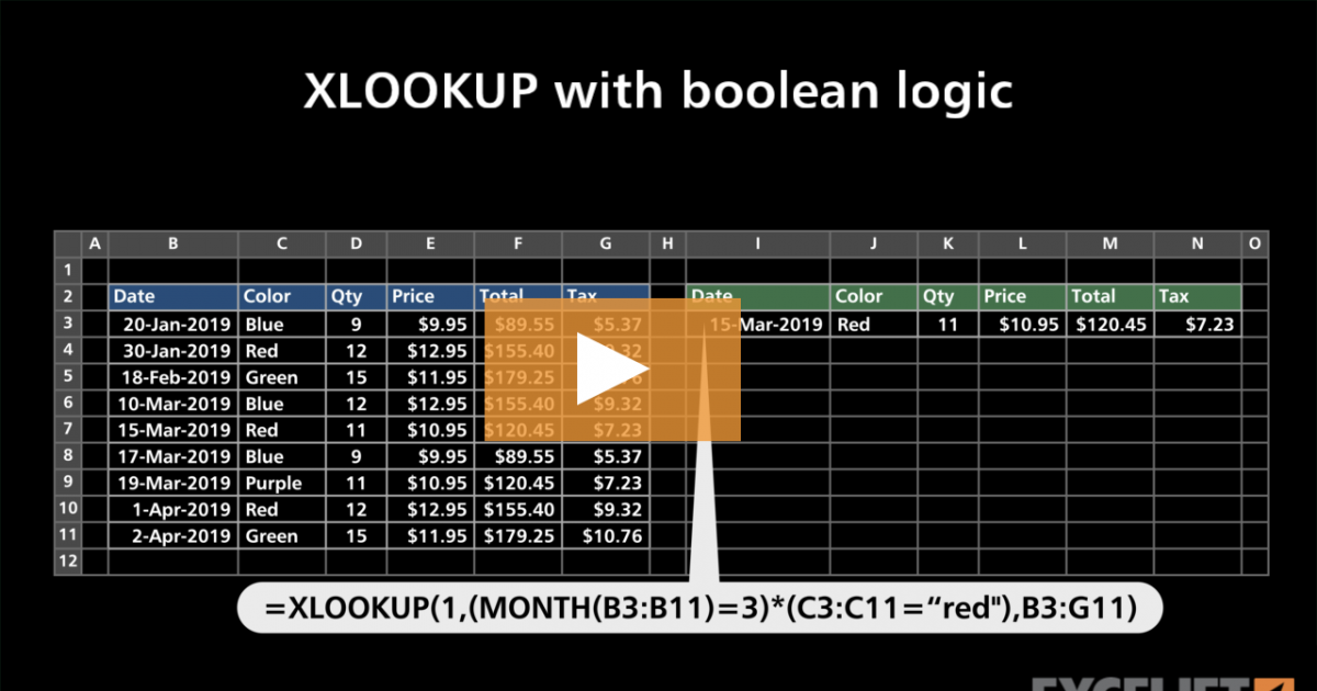 XLOOKUP with boolean logic (video) | Exceljet