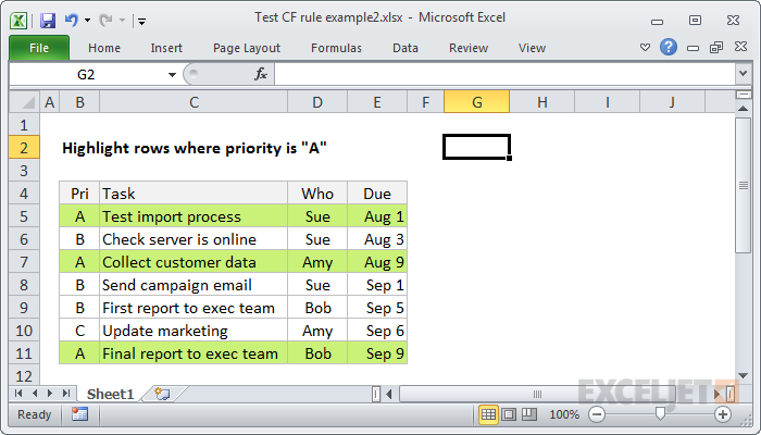 Final format - rows highlighted, dummy formulas removed