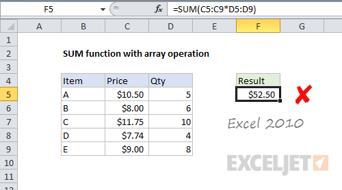 SUM function with array operation - Excel 2010 incorrect result