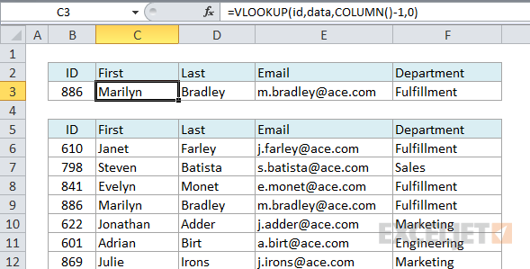 Example of using COLUMN to calculate the column index for VLOOKUP