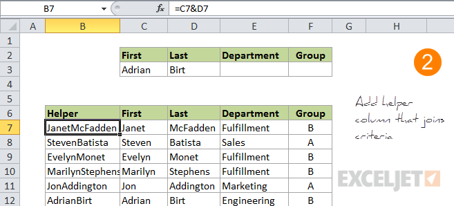 VLOOKUP multiple criteria step 2 - add a helper column that joins multiple criteria