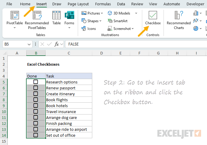 Adding a checkbox step 2: click the Checkbox button
