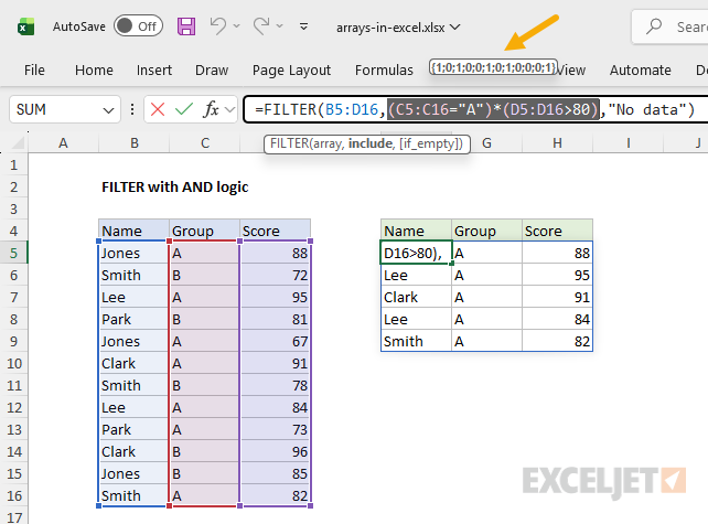 Selecting an expression in the formula bar to preview the evaluated array