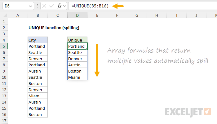 Array formulas that return multiple values automatically spill
