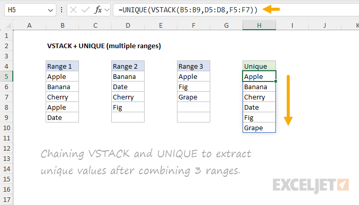 Chaining VSTACK and UNIQUE to extract unique values after combining 3 ranges