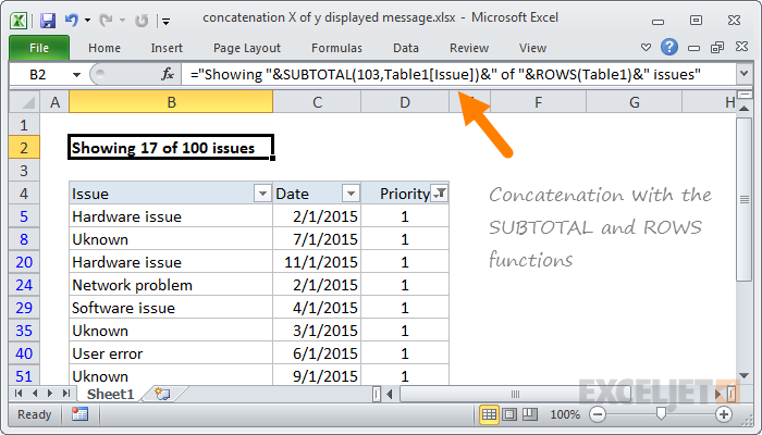 Using concatenation to show number of visible items in filtered table