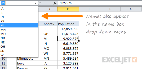 New names also appear in the name box drop down menu New names also appear in the name box drop down menu