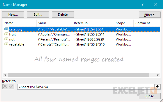 create the named ranges needed for data validation