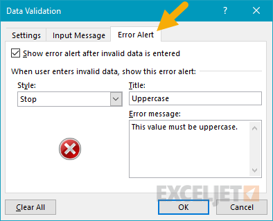 Data validation error alert tab Data validation error alert tab