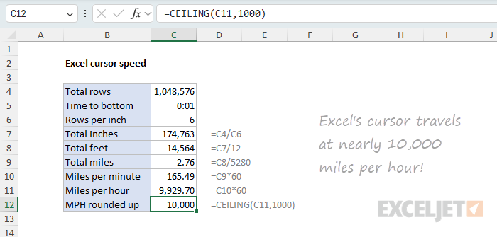Worksheet math showing cursor speed calculation