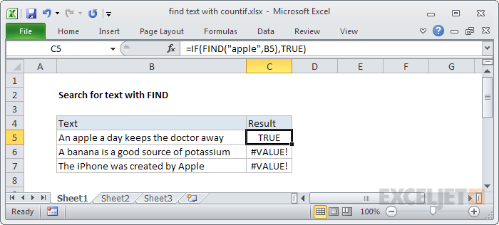 Finding text with the FIND function with IF function Finding text with the FIND function with IF function