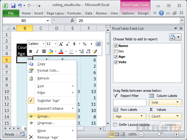 Pivot table example: grouping by age