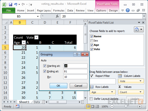 Pivot table example: grouping by age, specifying the interval