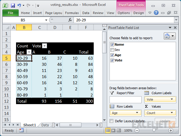 Final pivot table: voting data grouped by age