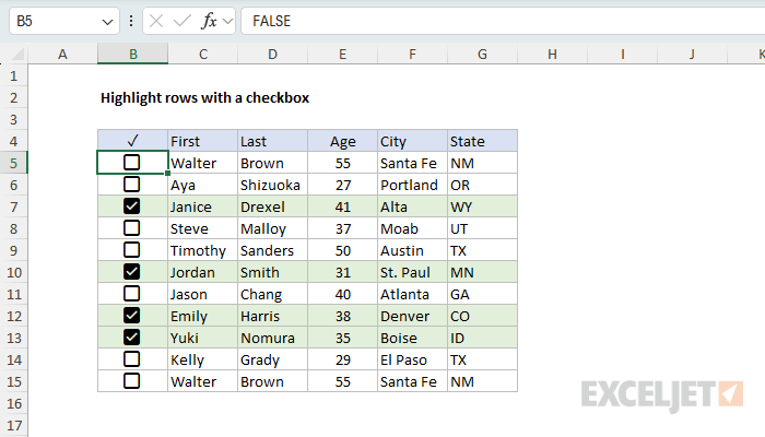 Example of highlighting rows with a checklist