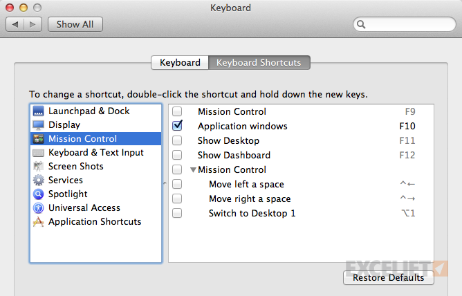 key commmands excel for mac 16.10