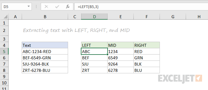 LEFT, RIGHT, MID function examples
