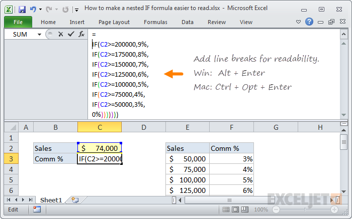 Line breaks make nested IFs easier to read