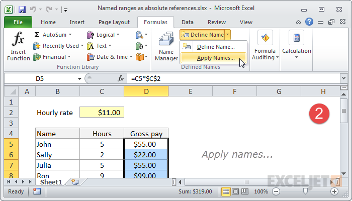 Apply names on Formulas tab of ribbon