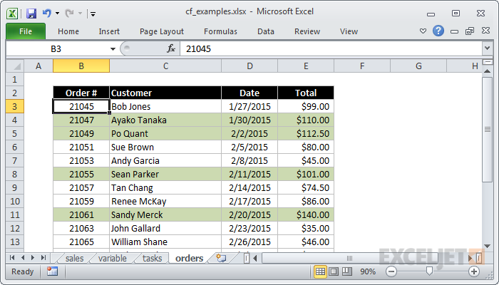 Rows with orders over 00 in value are highlighted