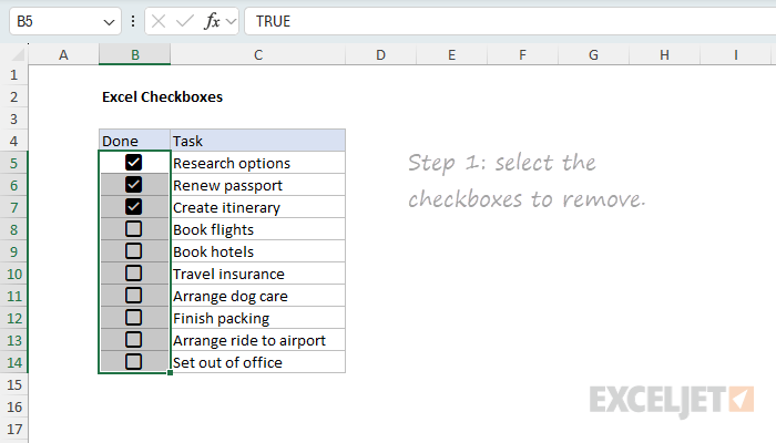 Removing a checkbox step 1: select the cells