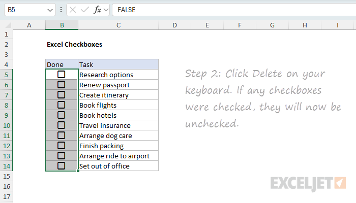 Removing a checkbox step 2: Press Delete