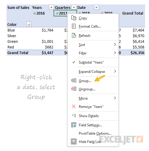 Right click a date and select group