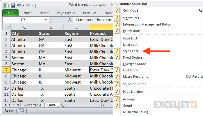 Scroll lock state enabled in Excel status bar