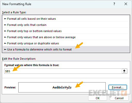 Creating a simple checklist step 2: Create a conditional formatting rule for the strikethrough effect.