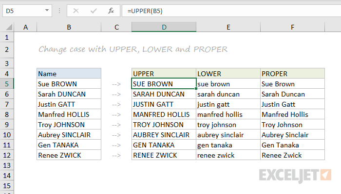 UPPER, LOWER, PROPER function examples