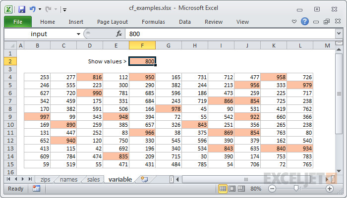 All values greater than the input (800) highlighted