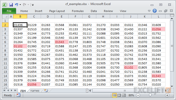 165 zip codes with duplicates clearly highlighted