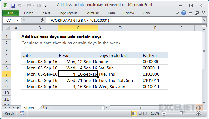 Excel formula: Add days exclude certain days of week