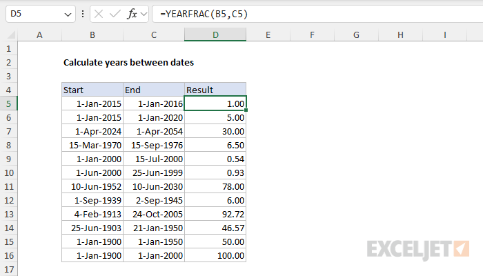 Excel formula: Calculate years between dates