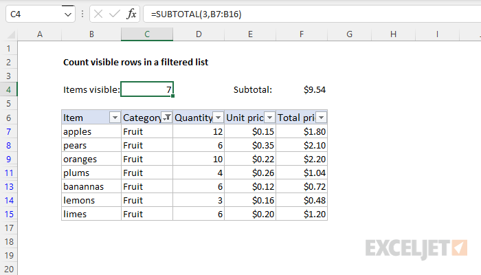 Excel formula: Count visible rows in a filtered list
