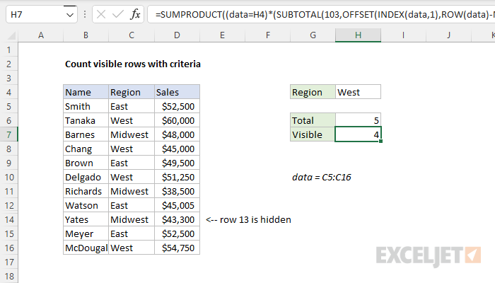 Excel formula: Count visible rows with criteria