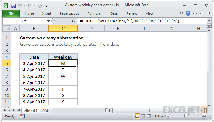 Excel formula: Custom weekday abbreviation