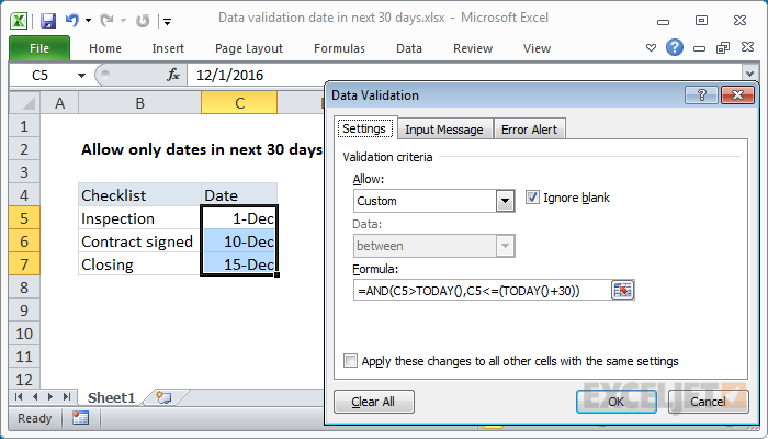 Excel formula: Data validation date in next 30 days