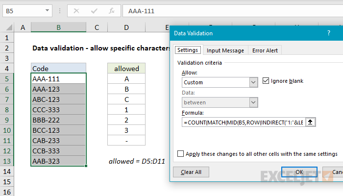 Excel formula: Data validation specific characters only