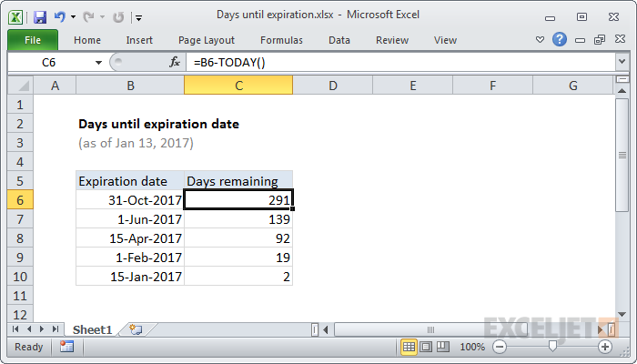 Excel formula: Days until expiration date