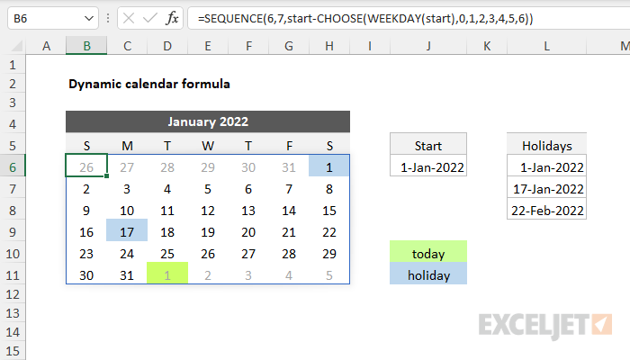 Dynamic calendar formula - Excel formula