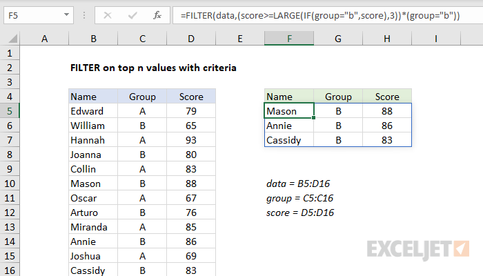 Excel formula: FILTER on top n values with criteria