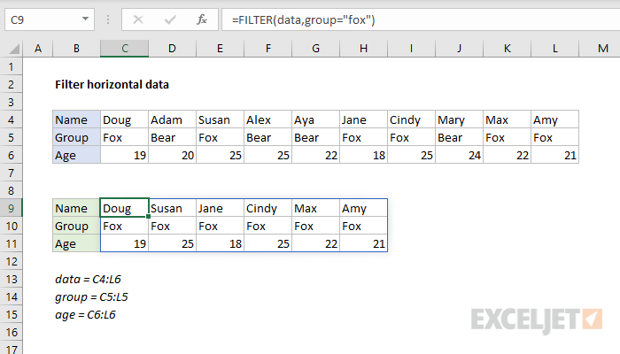 Filter data - Excel formula