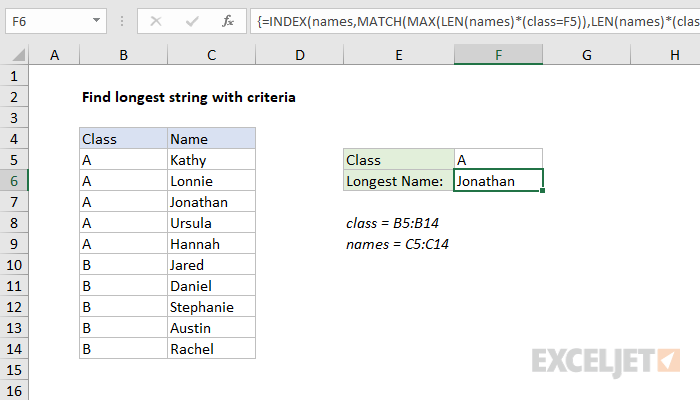 Excel formula: Find longest string with criteria