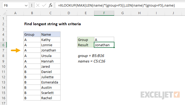 Excel formula: Find longest string with criteria