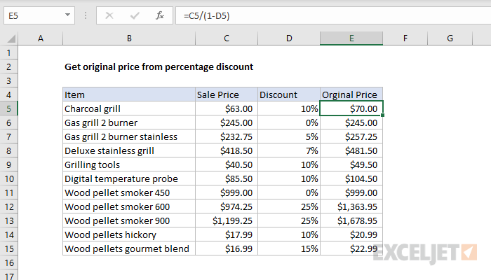Excel formula: Get original price from percentage discount