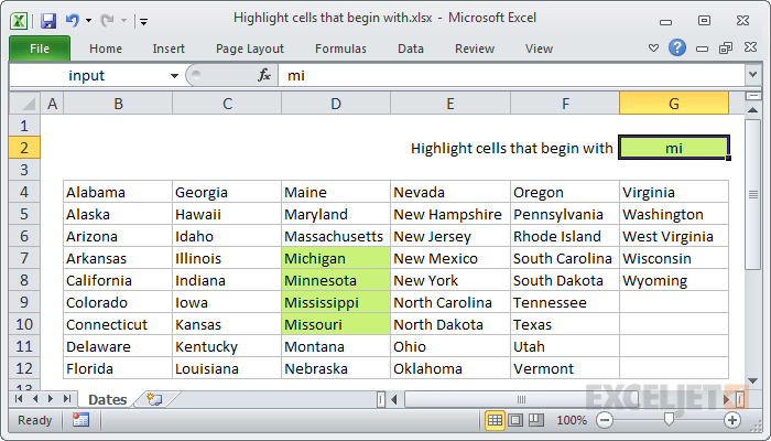 Excel formula: Highlight cells that begin with
