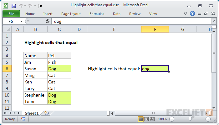 Excel formula: Highlight cells that equal